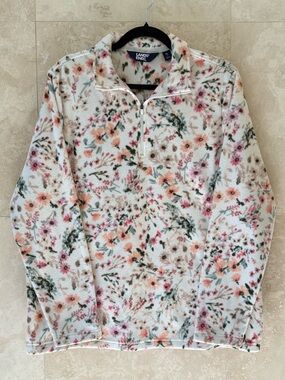 Lands End Floral Fleece 1/4 Zip Pullover Jacket Cream Pink Size XL EUC
